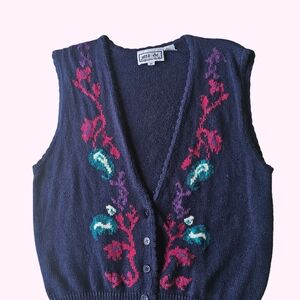 Attitude Navy Floral Embroidered V-Neck Sweater Vest - Women's